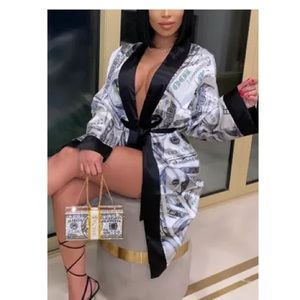 Women's Satin Robe, Dollar Print Silky Kimono